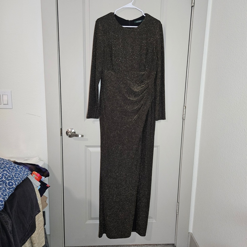 Lauren Ralph Lauren Gold Metallic Long Sleeve Ruched Maxi Gown Dress 14 Black